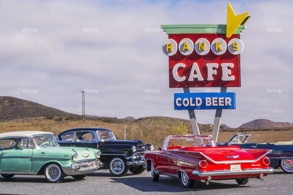 Hank's Cafe. 1/24 scale models and a home made sign.