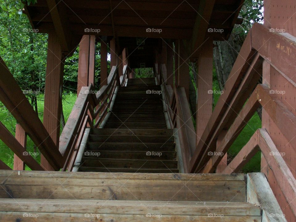 wooden stairs looking up