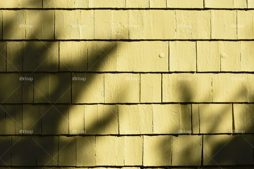 Yellow house siding shingles with shadows of tree 
