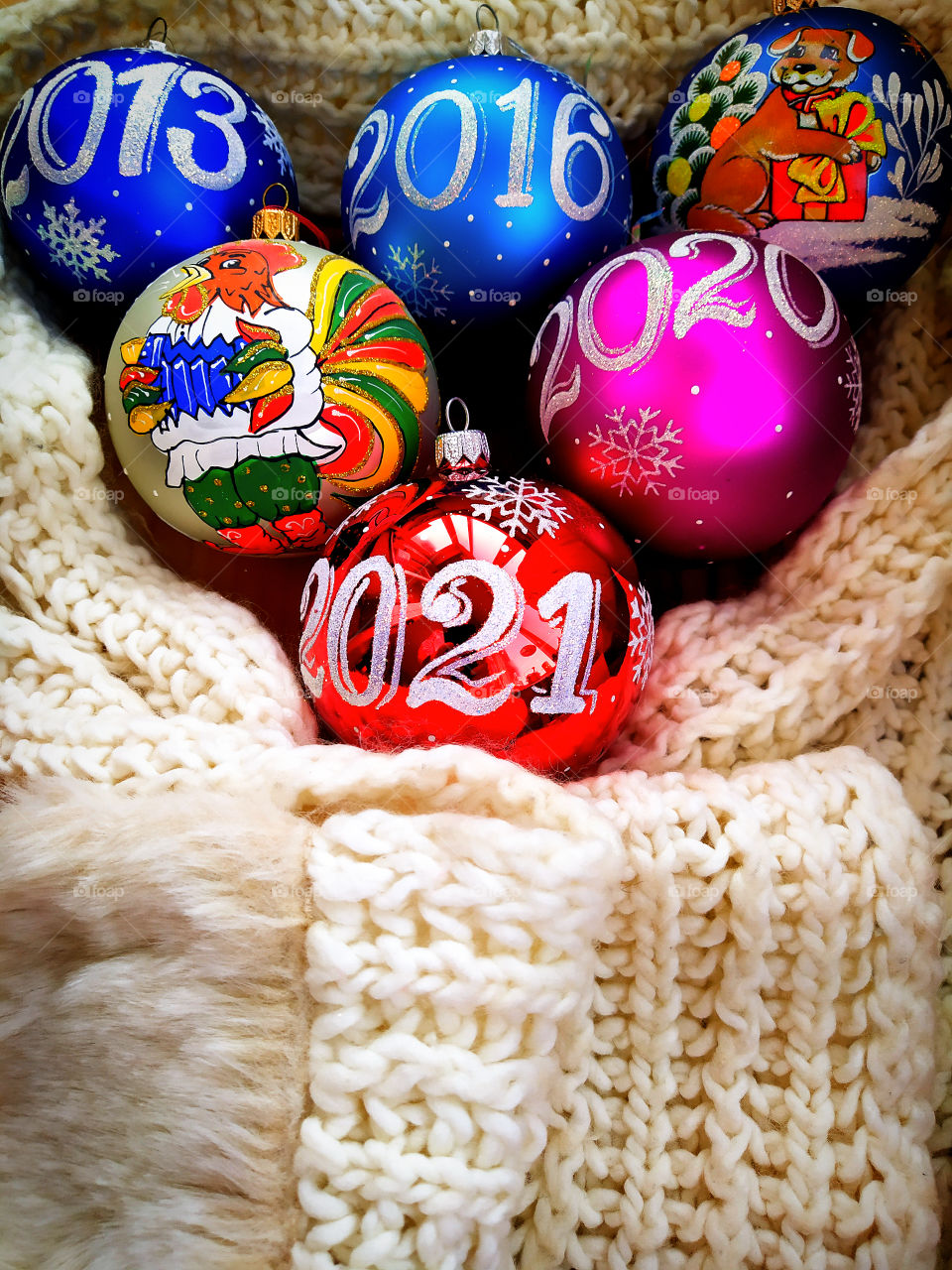 Preparing for the New Year.  Christmas decorations in a woolen scarf