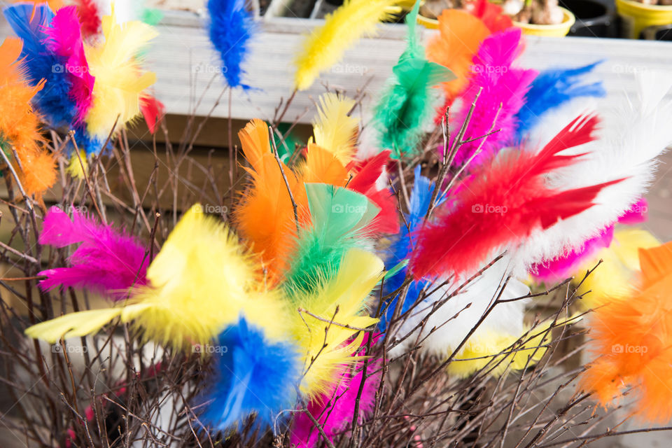 Easter feathers on display in a local store in Sweden.