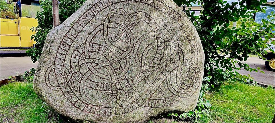 This stone with antique etchings was found by the old “Viking” fortress in “Trelleborg”, “Sweden” by the “Baltic Sea”. The writing contains runic symbols which makes this part of an ancient tradition of “Scandinavia”. 2023. Hypnotic Productions