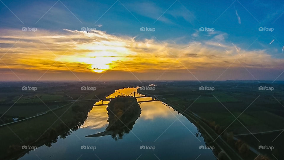 drone shot from sunset on the danube river near deggendorf