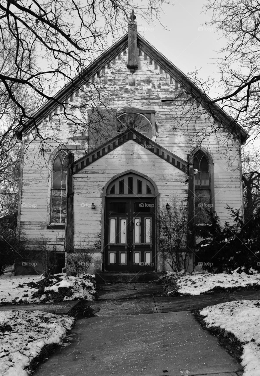 Abandoned church on a winter day
