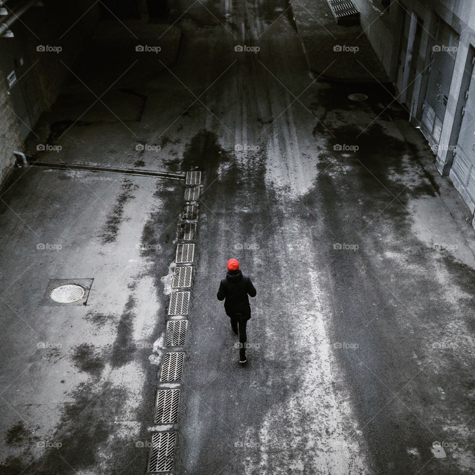 High angle view of walking man