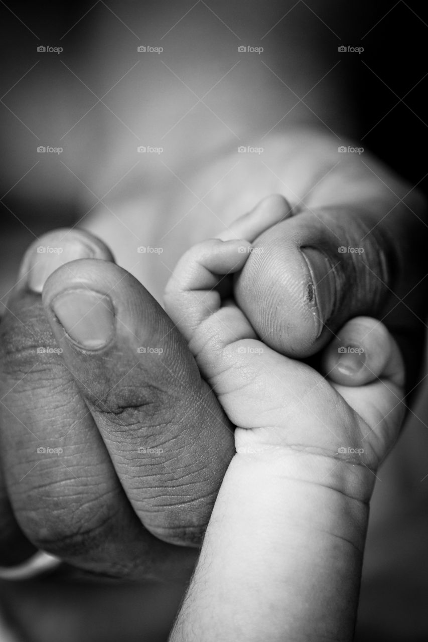 Love how macro photography can capture the tiniest details! Image of dad holding new born girls hand. Details of the skin and roughness of a hard working father holding a fragile new baby's fingers