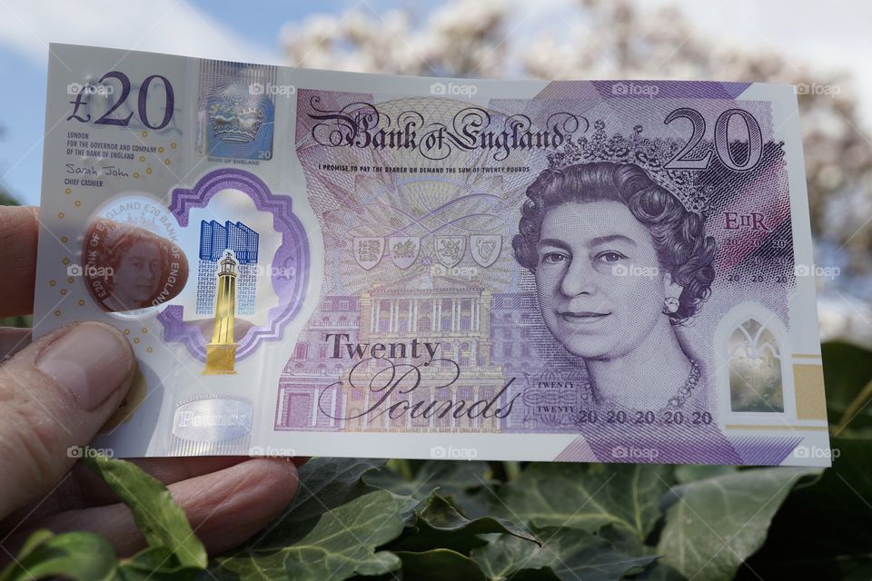 M is for Money ... Love our new plastic £20 note .. I have tried to show the transparent windows ... you can see my fingers through it ... and AR my neighbours Magnolia tree 😉