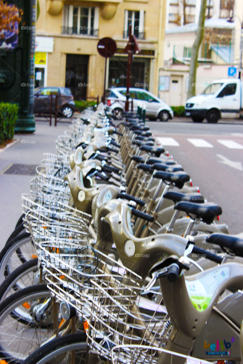 electric bicycles parked in city