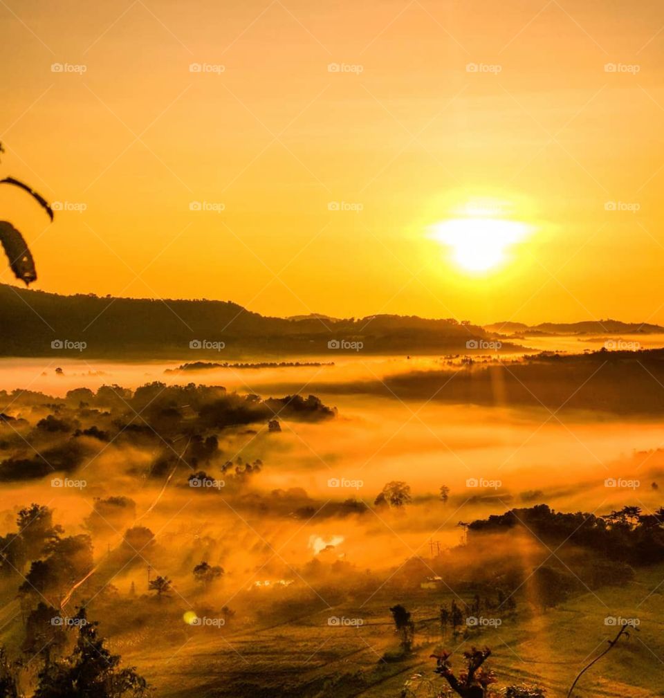 A majestic sunrise over the rolling hills of Phetchabun, Thailand. Complete with fog.