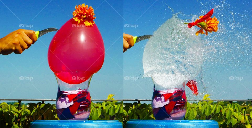 Balloon explosion. Before an after of the Balloon esplosion