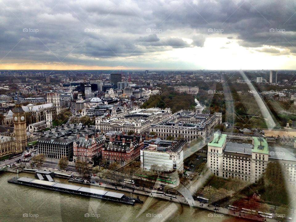 View from the London Eye. You can see a bit of the Thames river and Buckingham Palace in the distance. 