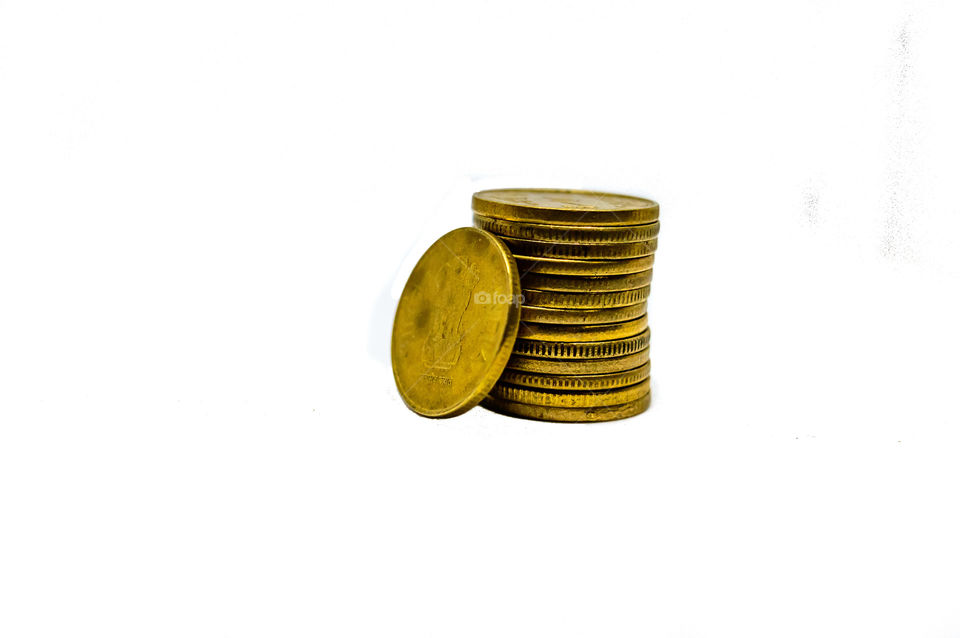 Stack of Indian Rupee Coins isolated on white background.