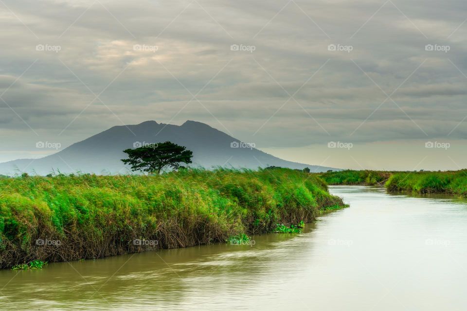 River flow leading to the mountain behind