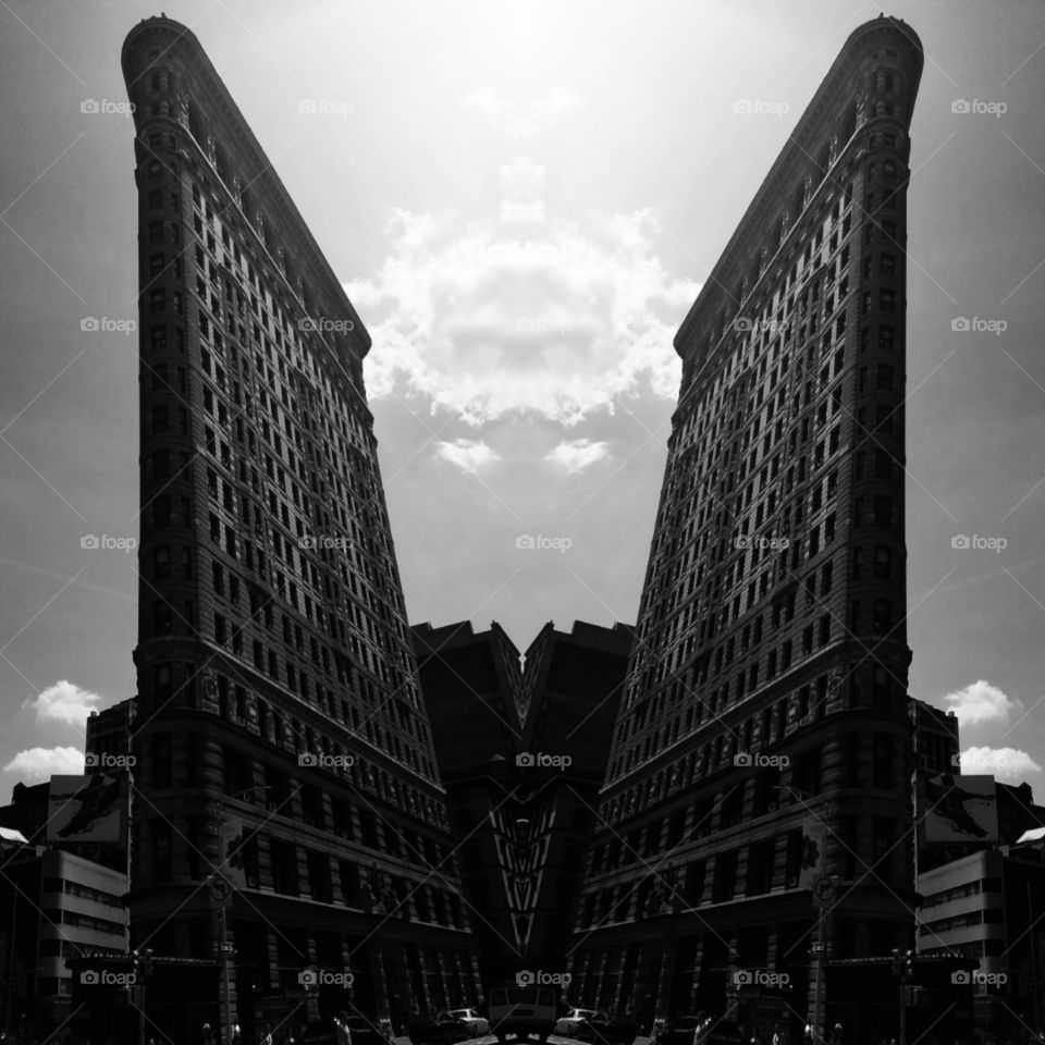 Flatiron Building on 23rd Street in New York City - Black and White - May 19th 2017 - Afternoon - Edited to be a split image with Layout App.