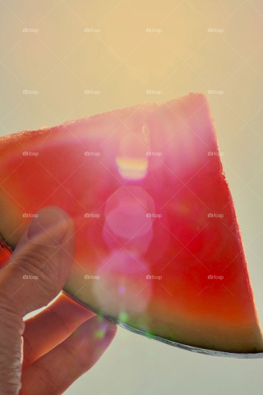 Watermelon Slice In The Sunshine, Watermelon Slice, Woman Holding A Watermelon Slice, Fruit Photography, Creative Food Photograph 