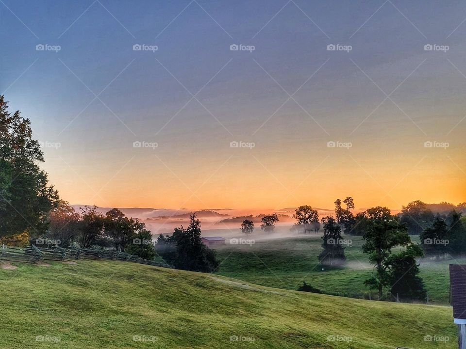 Fog over the field at sunrise