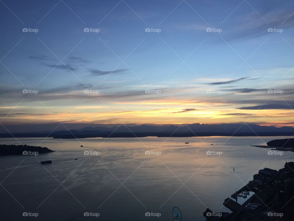 Seattle's Elliot Bay . A sunset shot from the top floor of the Columbia Tower. 