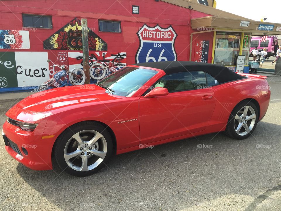 Res car. Beautiful red car on the route 66