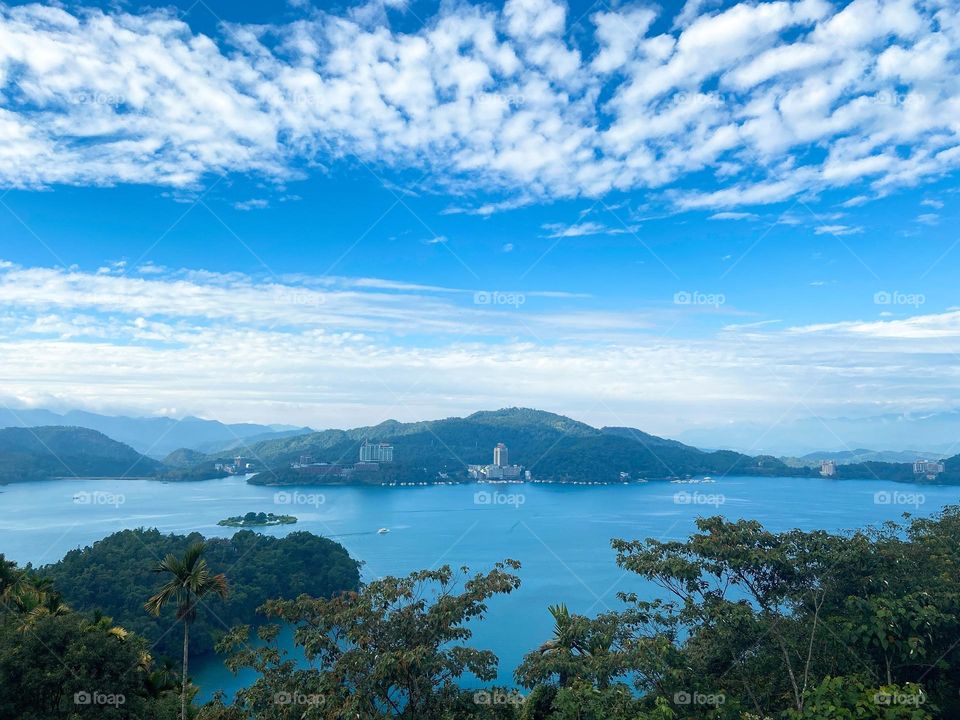 Overlooking Sun Moon Lake with Blue skies 