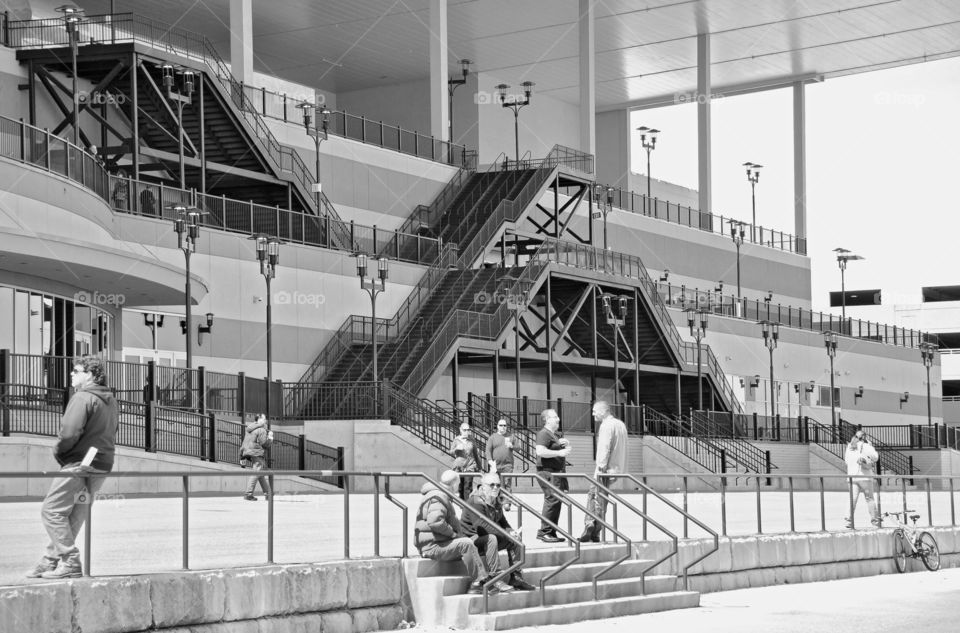 Fleetphoto at Aqueduct. The newly rebuilt Aqueduct grandstand in black and white as race fans gather for a fun afternoon. 
Zazzle.com/Fleetphoto