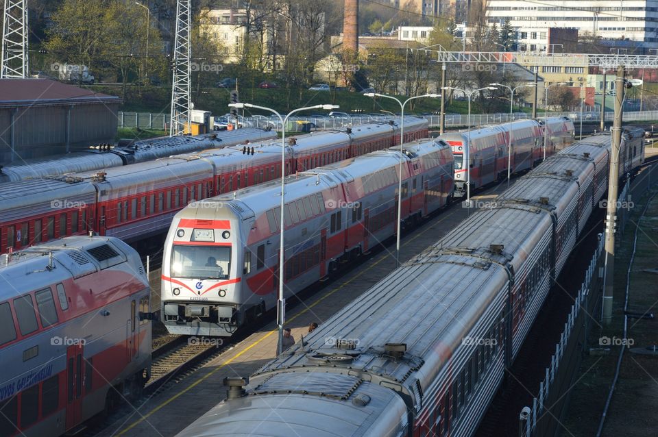 many trains at railway station