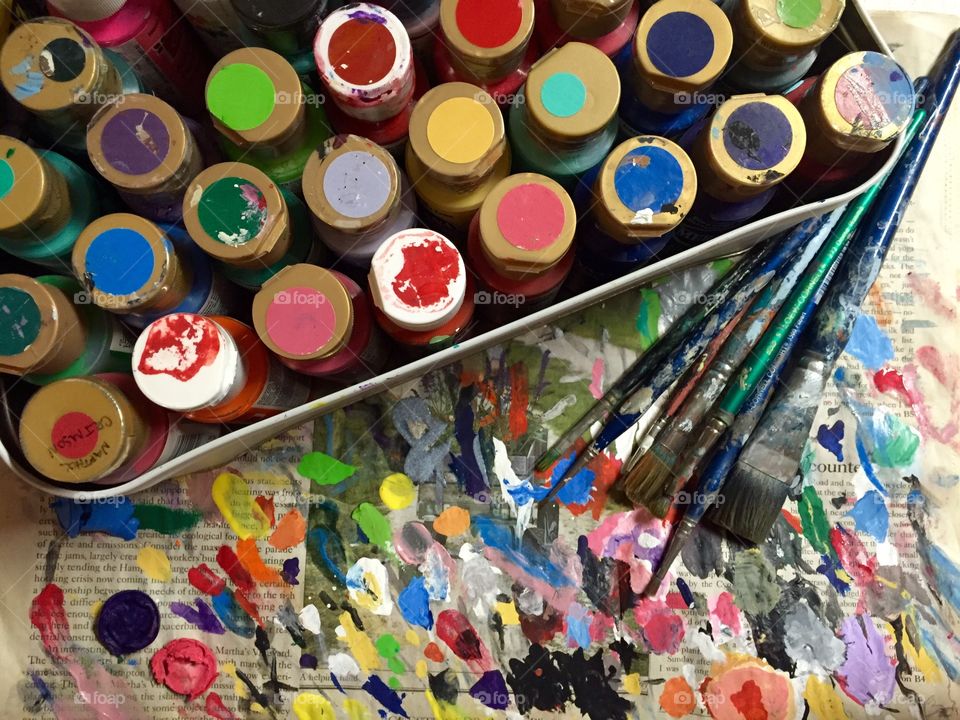 Set of water colours and painting brush