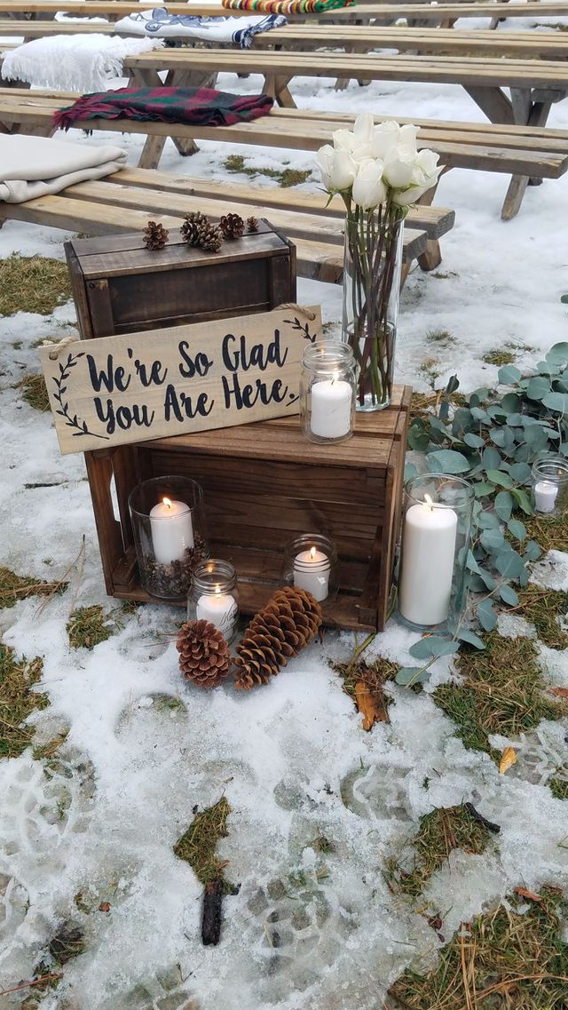 Winter Wedding Sign with Candles and Pinecones