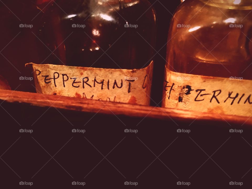 Old peppermint oil bottles.