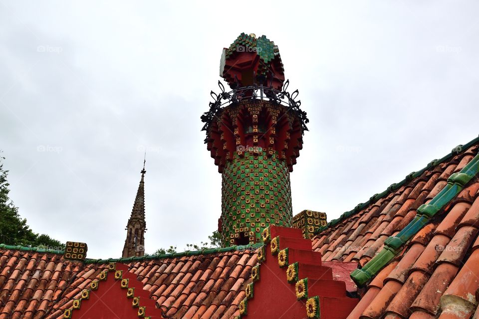 Roof and tower of Capricho de Gaudí, one of the few buildings by architect Gaudí outside Catalonia.  Cantabria, Spain.