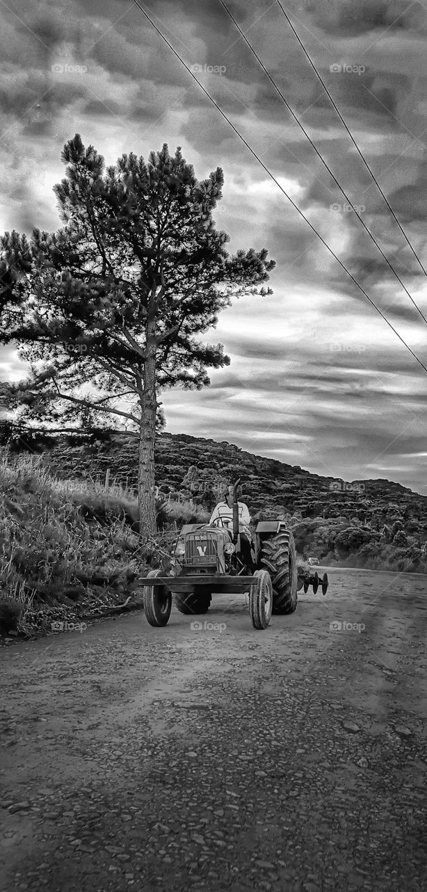 Tractor driver under cloudy sky