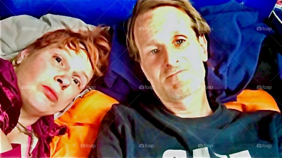 Resting peacefully side by side here are my partner “Timothy Trespas” and myself, “Petra Schiller” gazing pensively in anticipation of a bright beautiful future together. 2019. Hypnotic Productions