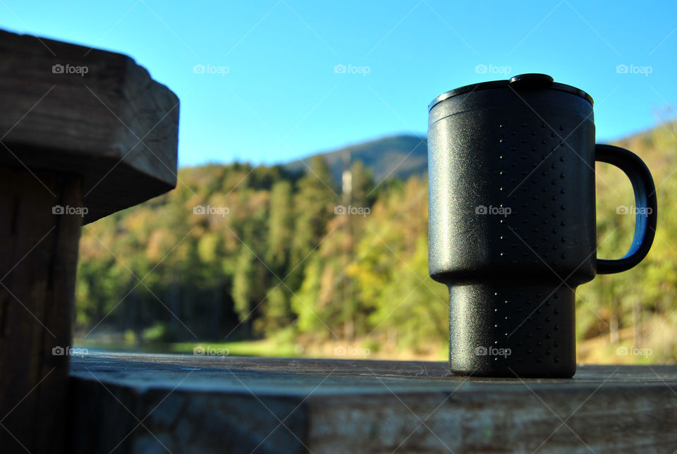 morning cup of coffee at the lake