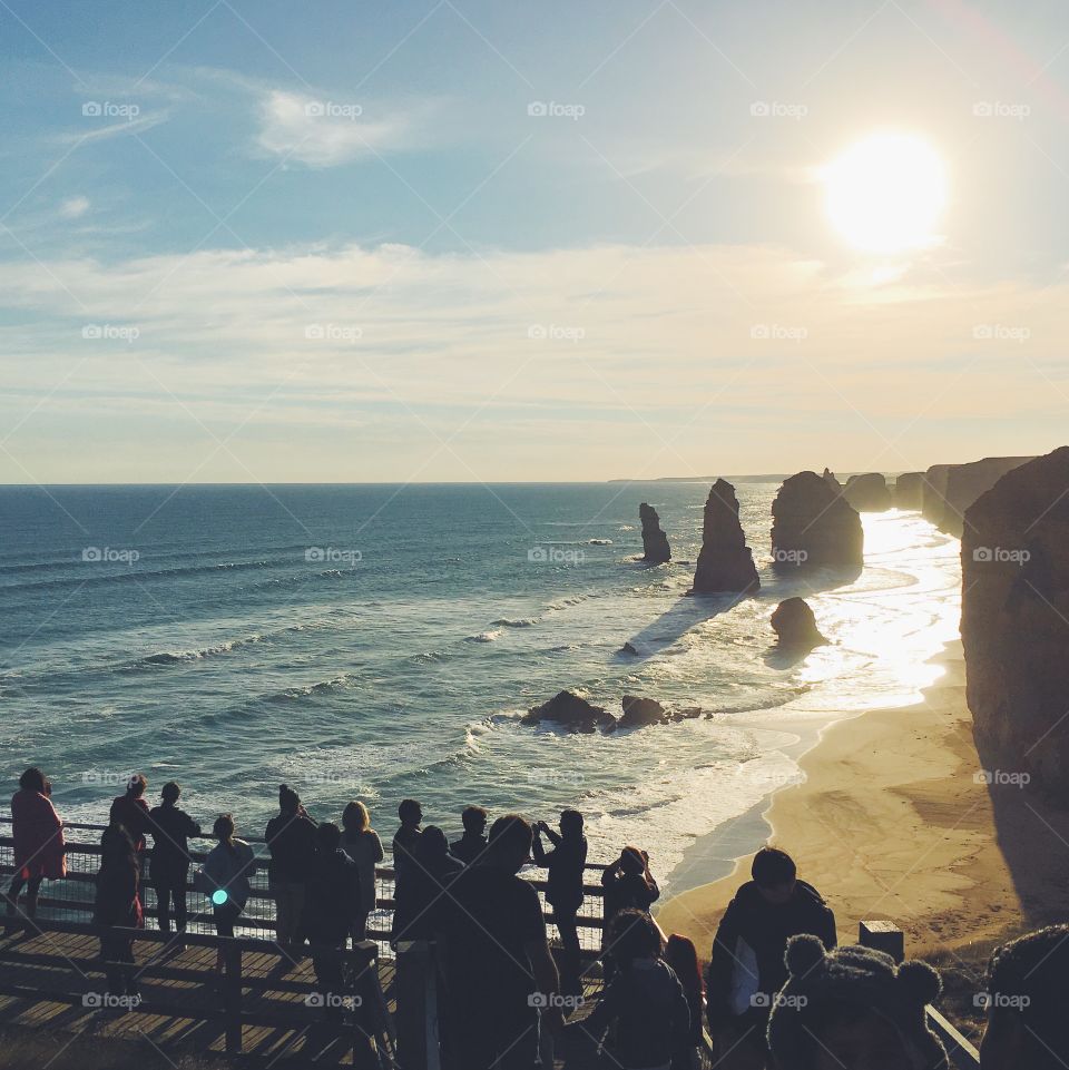 The Seven Apostles along the Great Ocean Road near sunset in Melbourne, Australia.
