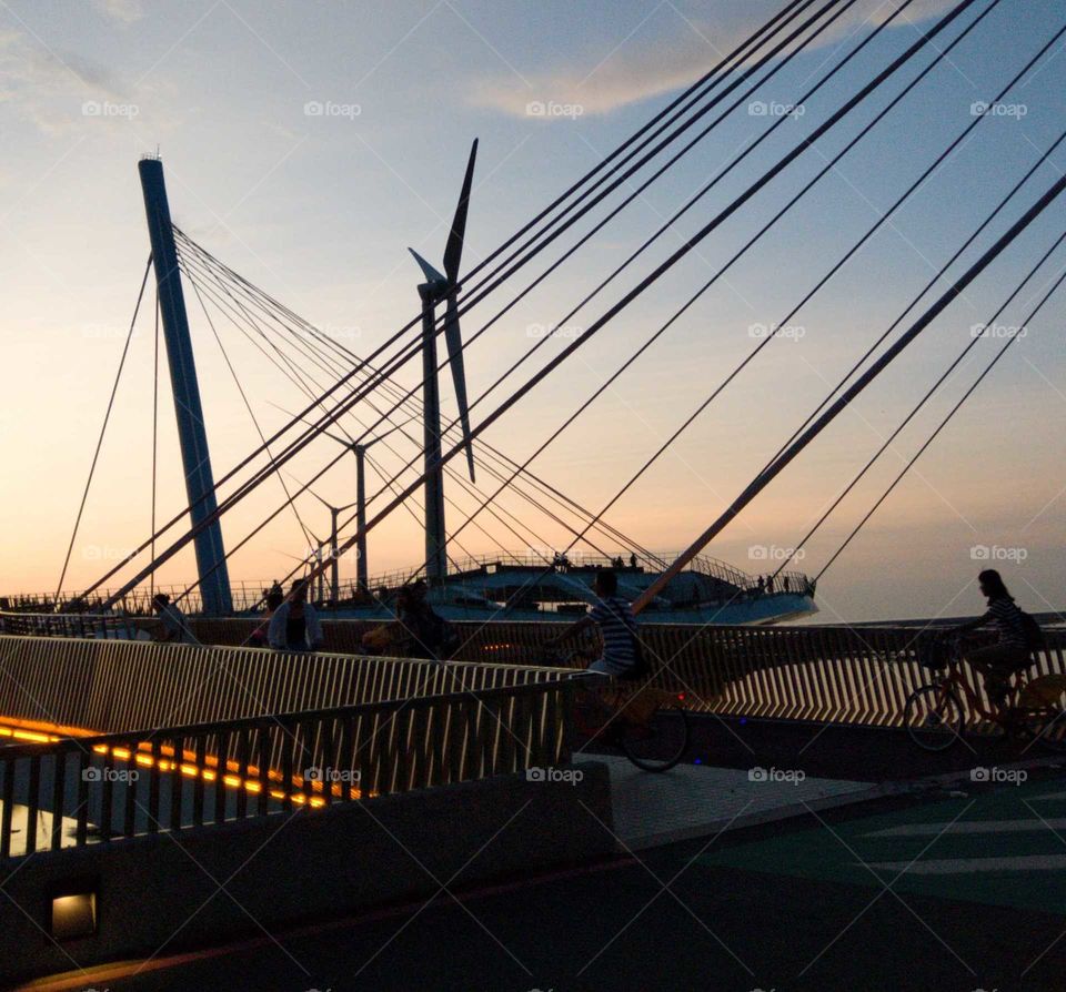 landscape of the cable-stayed bridge and windmill blvd were at dusk.