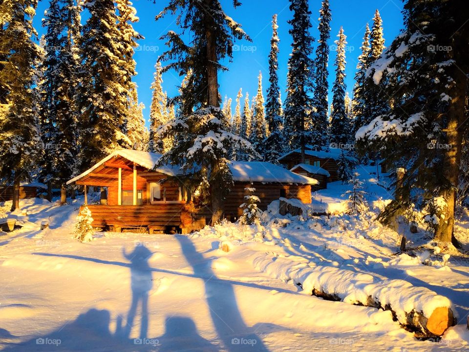 Winter fun on frozen lakes. My shadow waves through the morning sun towards my log cabin on a backdrop of blue cobalt skies. 