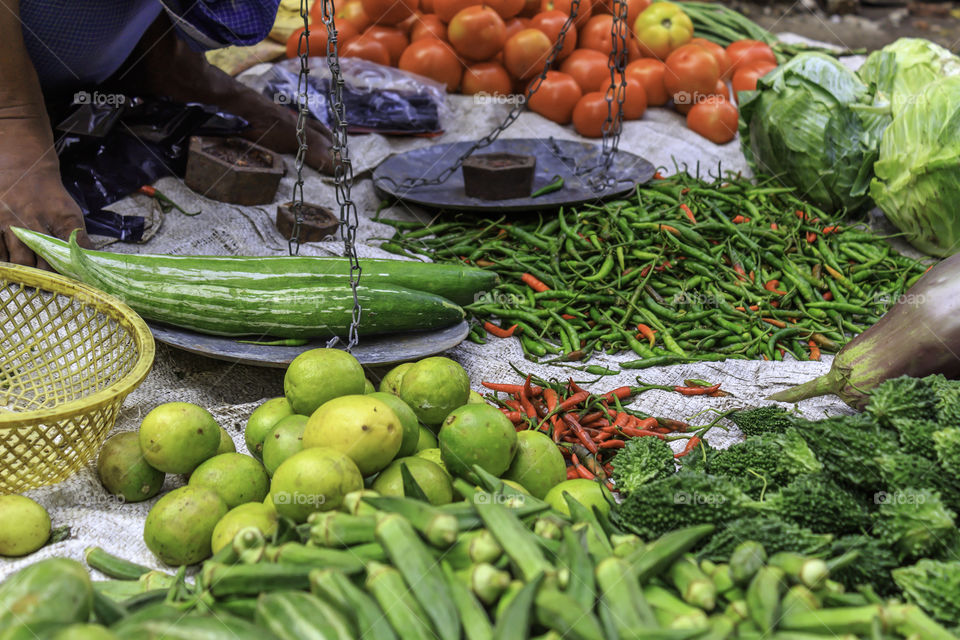 Colorful fruits and vegetables background. Vegetable market in Kolkata, India