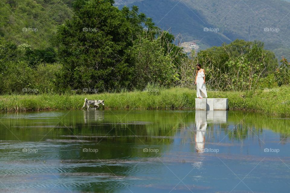 Girl, lake and husky dog