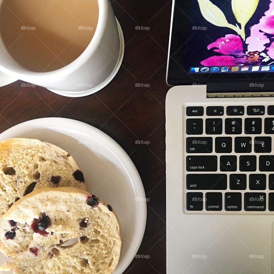 Morning bagel and coffee to get the work day started.