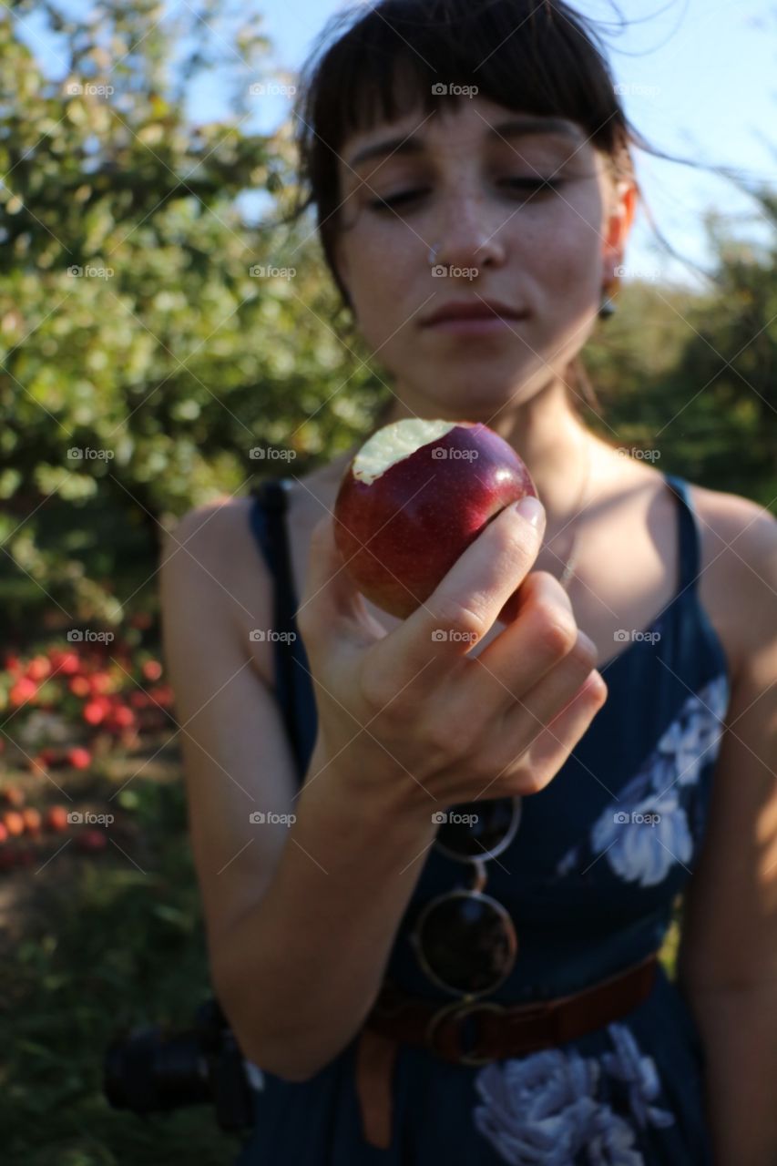 Eating an apple. Indulging in a freshly picked apple