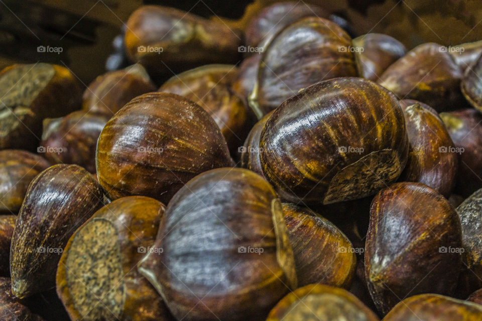 Close-up of a bunch of edible chestnuts