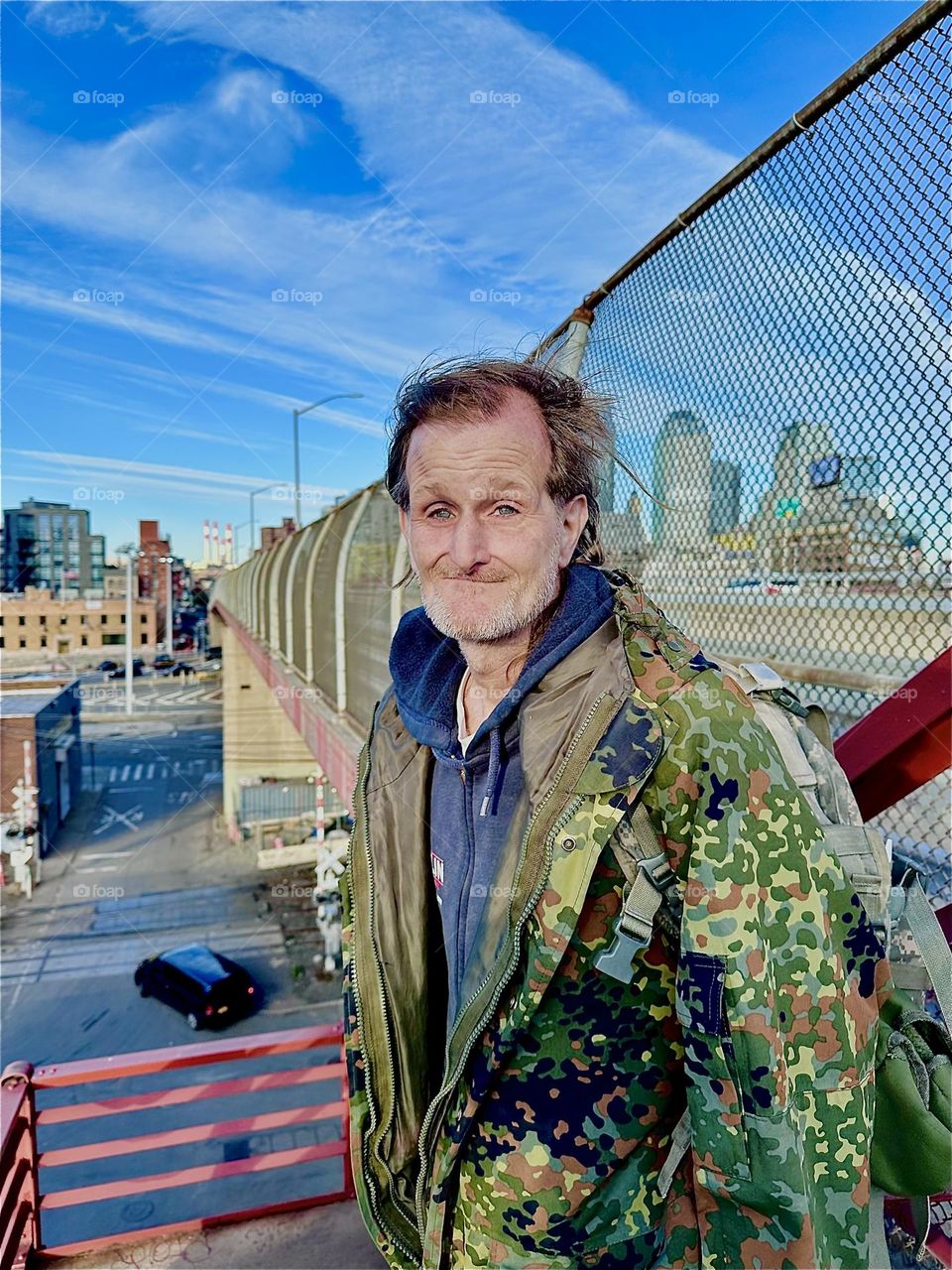 This is „Timothy Trespas“, my significant other for many years standing on top of the staircase of the „Pulaski Bridge“ on the LIC, Queens side on a warm sunny Indian summer day in early November 2023. Hypnotic Productions