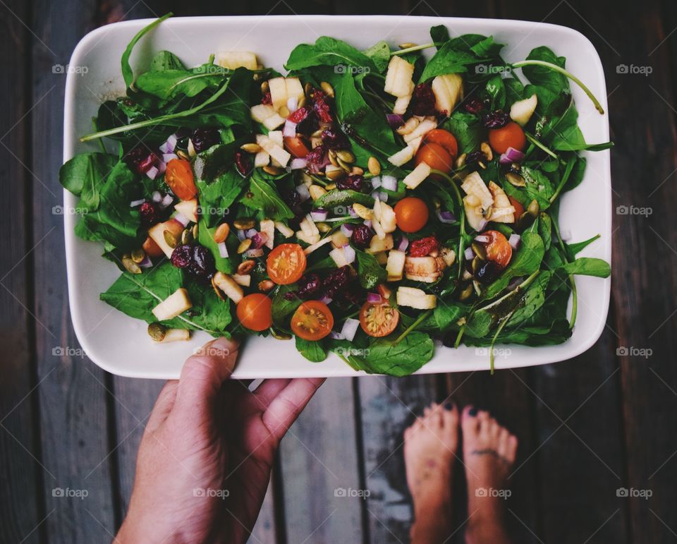 High angle view of fresh vegetable salad