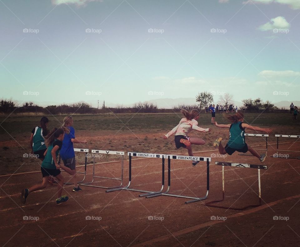 Hurdles during track and field meet