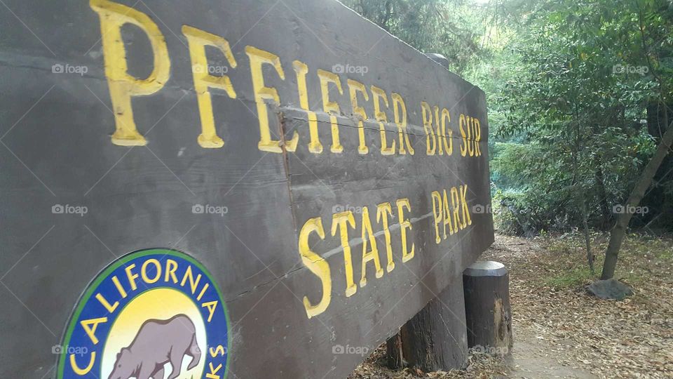 perspective view of Pfeiffer BIG Sur State Park sign on Pacific Coast of California