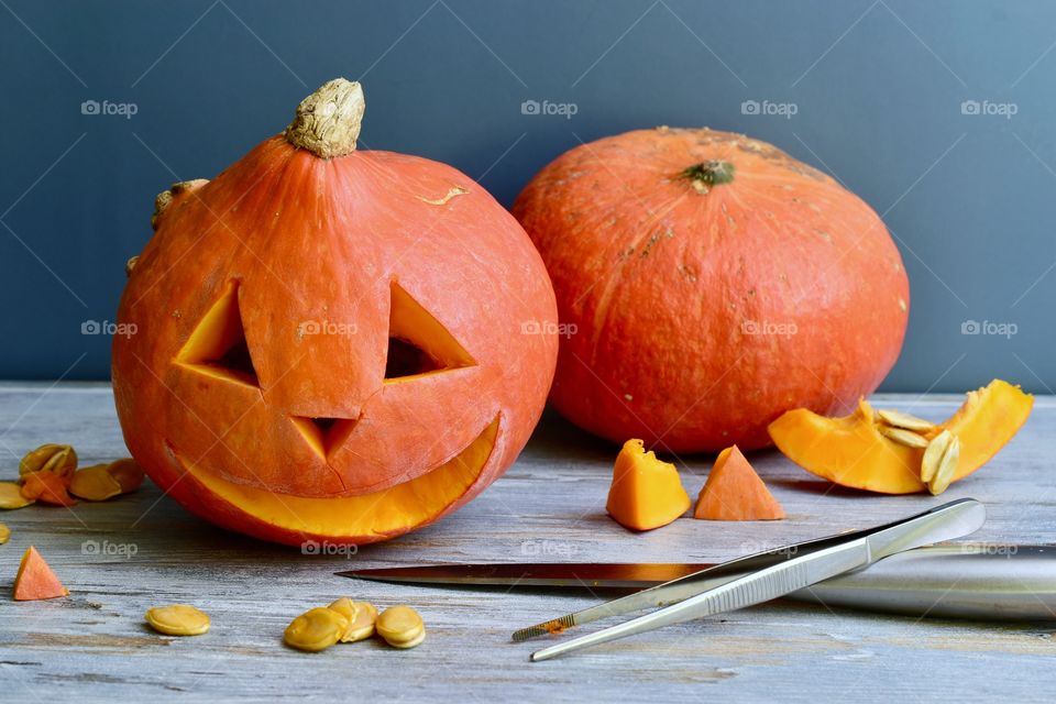 Carving pumpkins for Halloween 