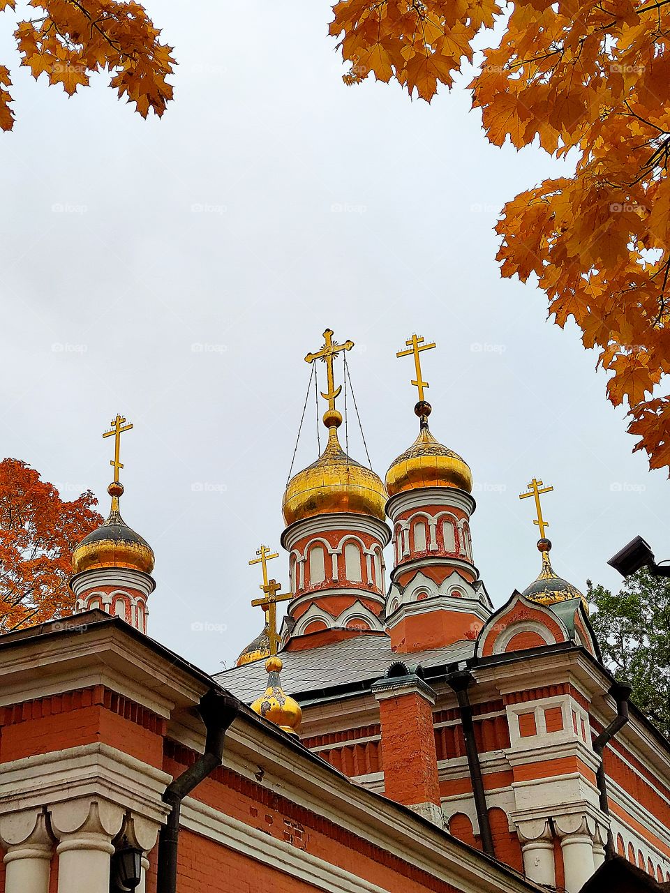 Autumn Orange paints.  Orange church with golden domes and a tree branch with orange leaves in the foreground