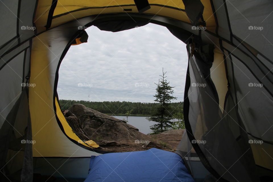 Morning view from tent in wilderness