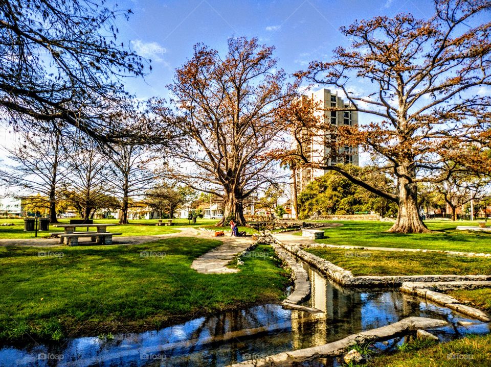 Urban city park with mature trees, a water canal, picnic tables, a man with his dog and child, on a beautiful sunny day with a blue sky.