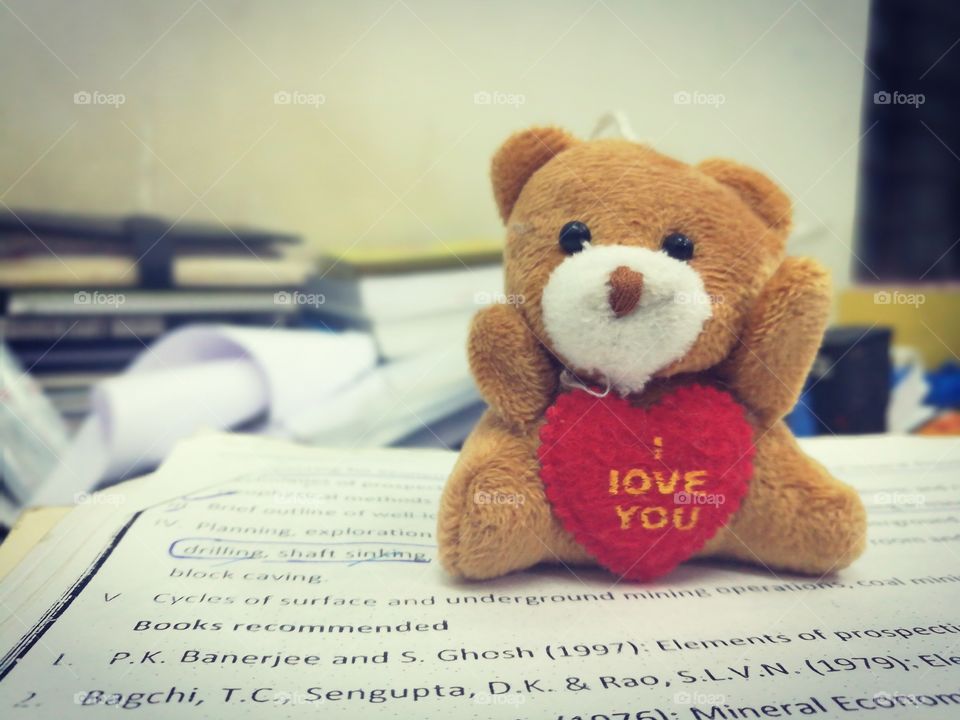 teddy bear. small quty .and i love you written in chest.. with books bakground