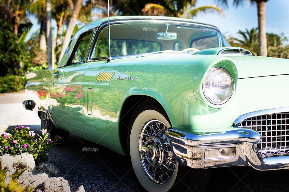 Vintage thunderbird car in tropical location. Turquoise tbird in Florida Keys